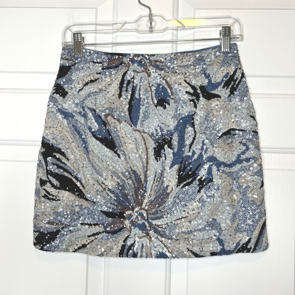 12th Tribe NWT Sequin Mini Skirt Blue Black Floral Party Cocktail Women's Size S - Picture 2 of 6